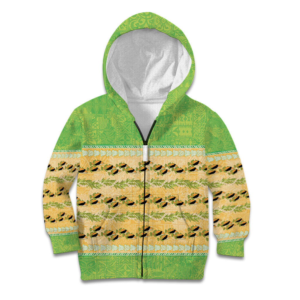 Hawaii Humuhumu Fish Maile Pikake Lei Kid Hoodie Tribal Tapa Green Version LT05 Zip Hoodie Green - Polynesian Pride