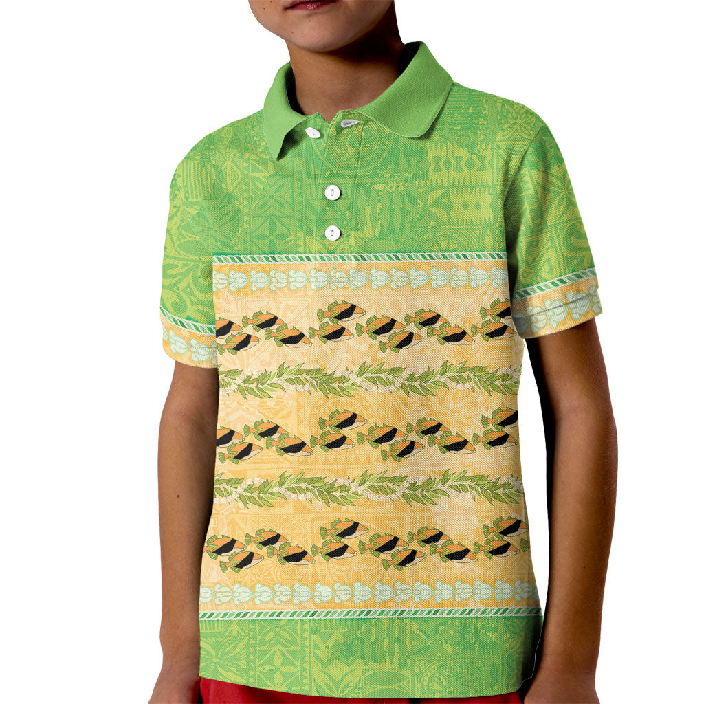 Hawaii Humuhumu Fish Maile Pikake Lei Kid Polo Shirt Tribal Tapa Green Version LT05 Kid Green - Polynesian Pride
