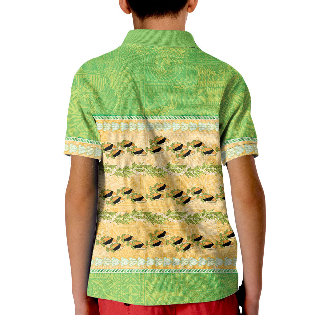 Hawaii Humuhumu Fish Maile Pikake Lei Kid Polo Shirt Tribal Tapa Green Version LT05 - Polynesian Pride