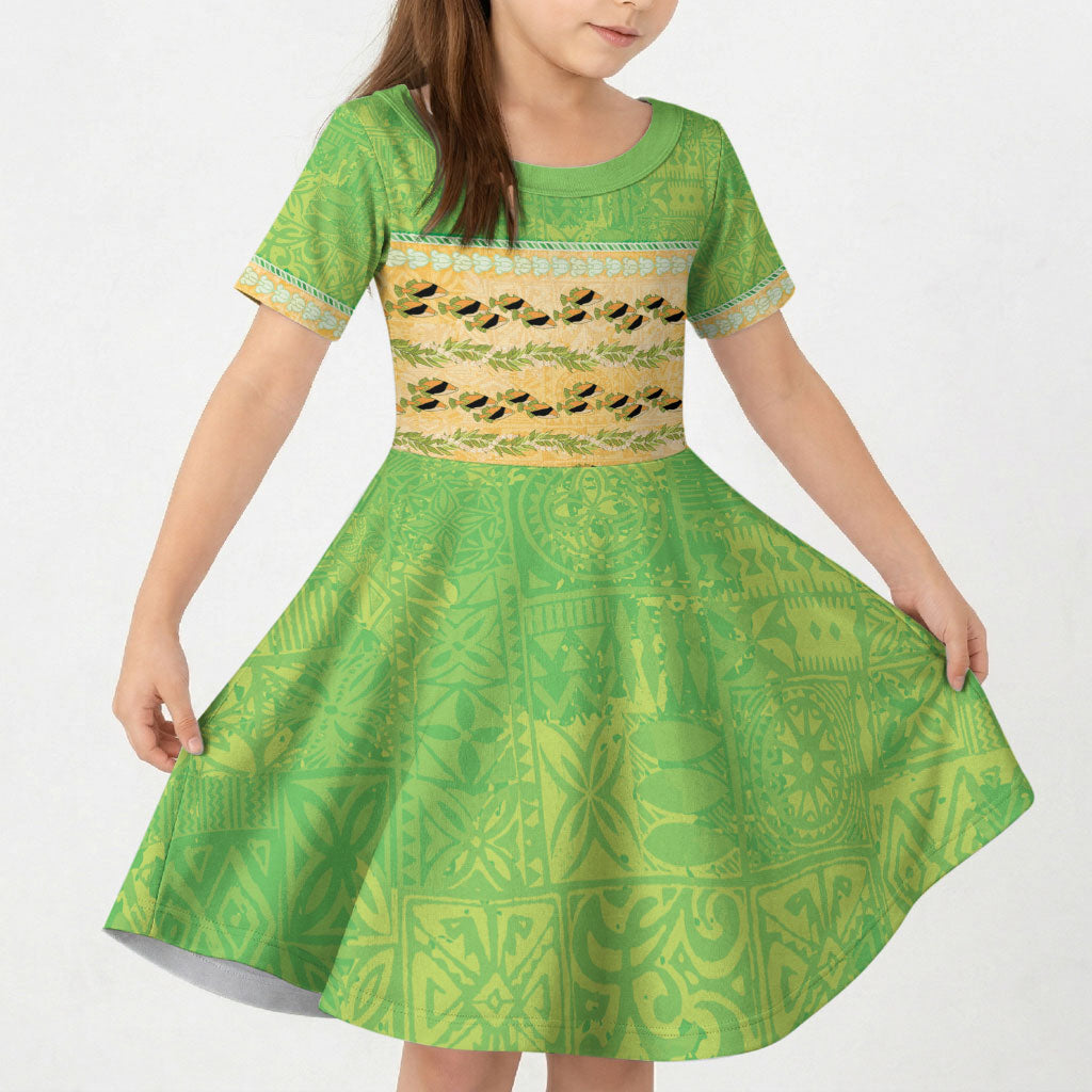 Hawaii Humuhumu Fish Maile Pikake Lei Kid Short Sleeve Dress Tribal Tapa Green Version LT05 KID Green - Polynesian Pride