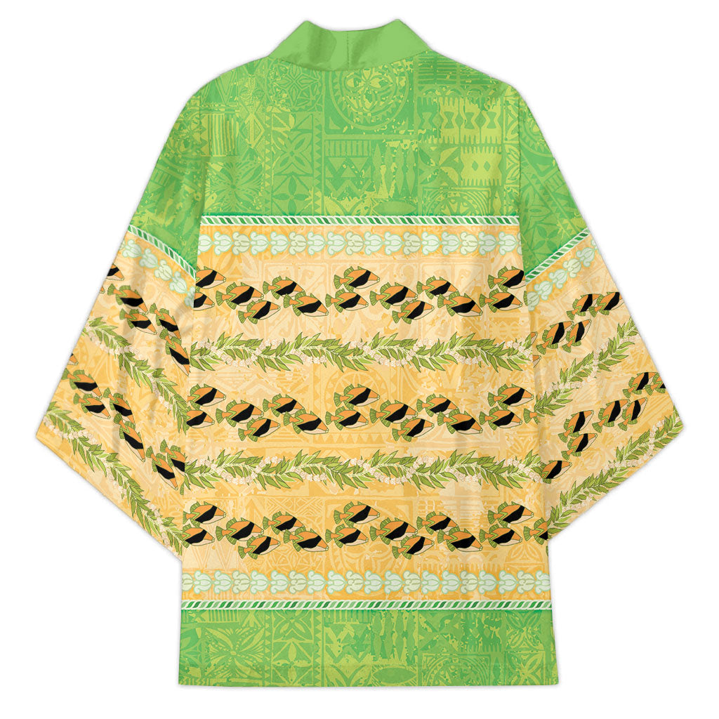 Hawaii Humuhumu Fish Maile Pikake Lei Kimono Tribal Tapa Green Version LT05 - Polynesian Pride