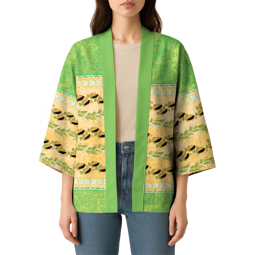 Hawaii Humuhumu Fish Maile Pikake Lei Kimono Tribal Tapa Green Version LT05 - Polynesian Pride