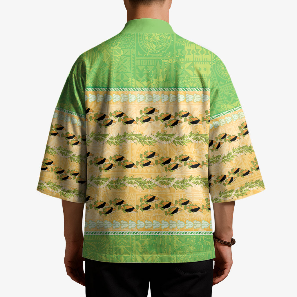 Hawaii Humuhumu Fish Maile Pikake Lei Kimono Tribal Tapa Green Version LT05 - Polynesian Pride