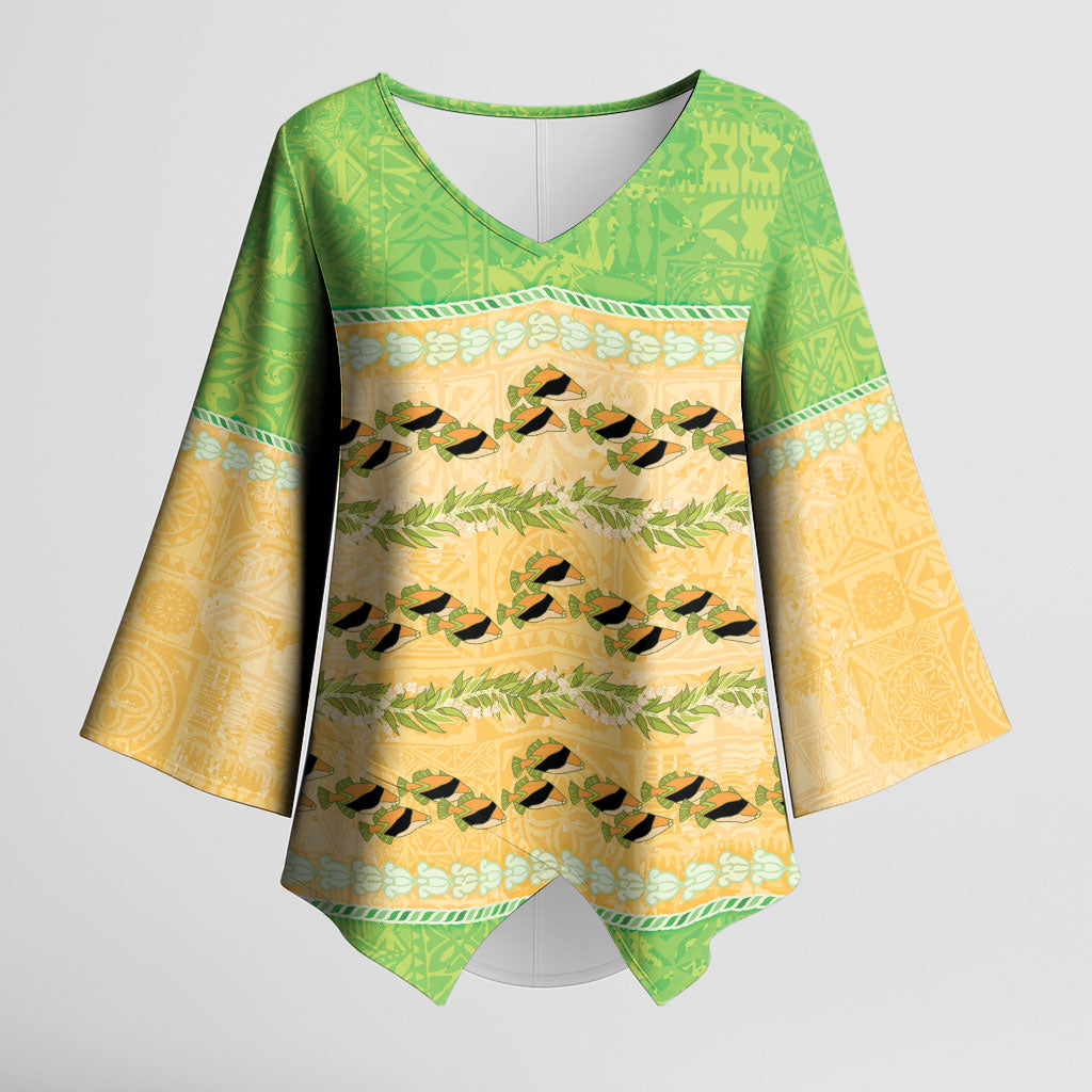 Hawaii Humuhumu Fish Maile Pikake Lei Kimono Sleeve Blouse Tribal Tapa Green Version LT05 Female Green - Polynesian Pride