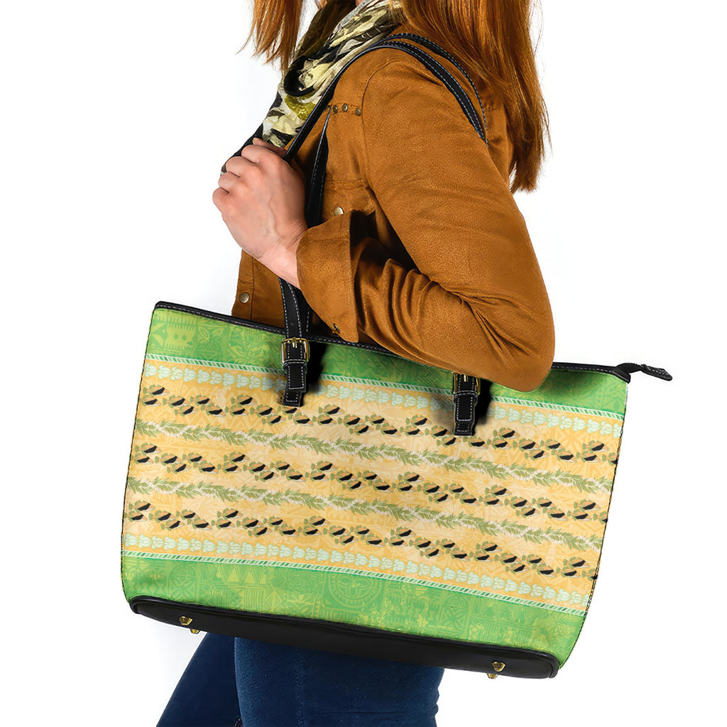 Hawaii Humuhumu Fish Maile Pikake Lei Leather Tote Bag Tribal Tapa Green Version LT05 Green - Polynesian Pride
