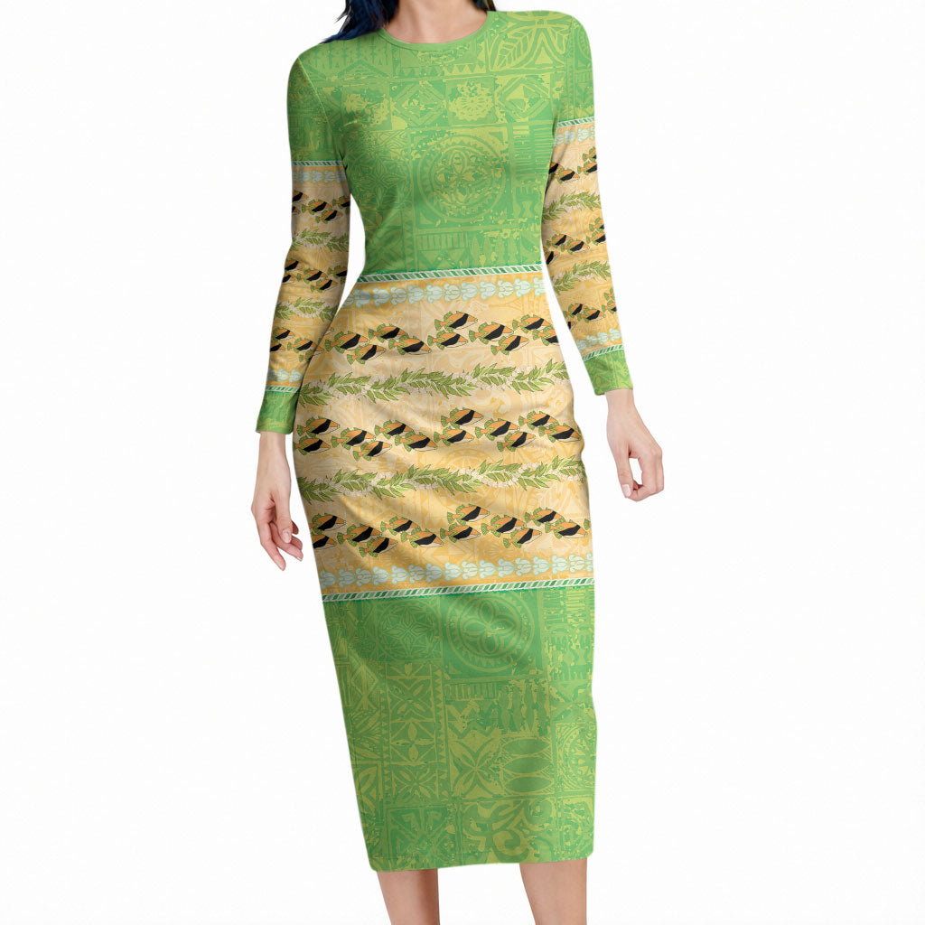 Hawaii Humuhumu Fish Maile Pikake Lei Long Sleeve Bodycon Dress Tribal Tapa Green Version LT05 Long Dress Green - Polynesian Pride