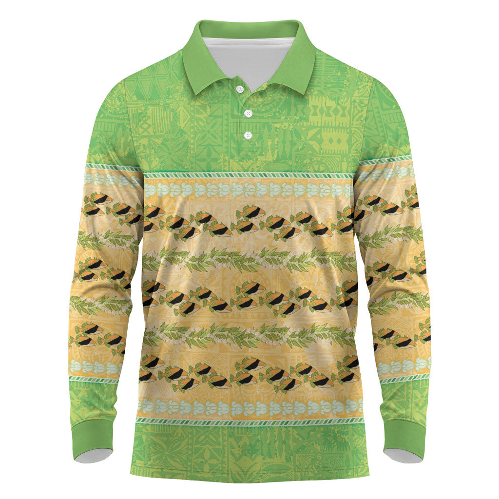 Hawaii Humuhumu Fish Maile Pikake Lei Long Sleeve Polo Shirt Tribal Tapa Green Version LT05 Green - Polynesian Pride