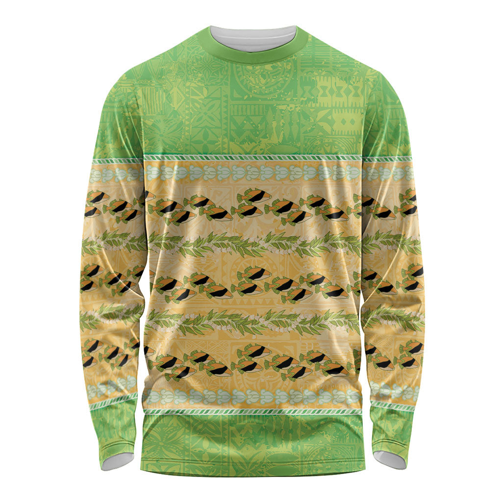 Hawaii Humuhumu Fish Maile Pikake Lei Long Sleeve Shirt Tribal Tapa Green Version LT05 Unisex Green - Polynesian Pride