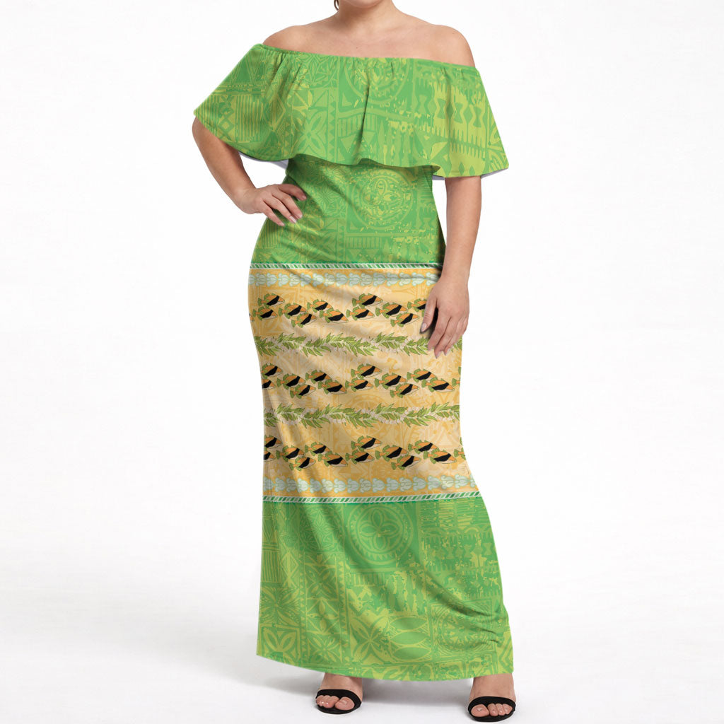 Hawaii Humuhumu Fish Maile Pikake Lei Off Shoulder Maxi Dress Tribal Tapa Green Version LT05 Women Green - Polynesian Pride