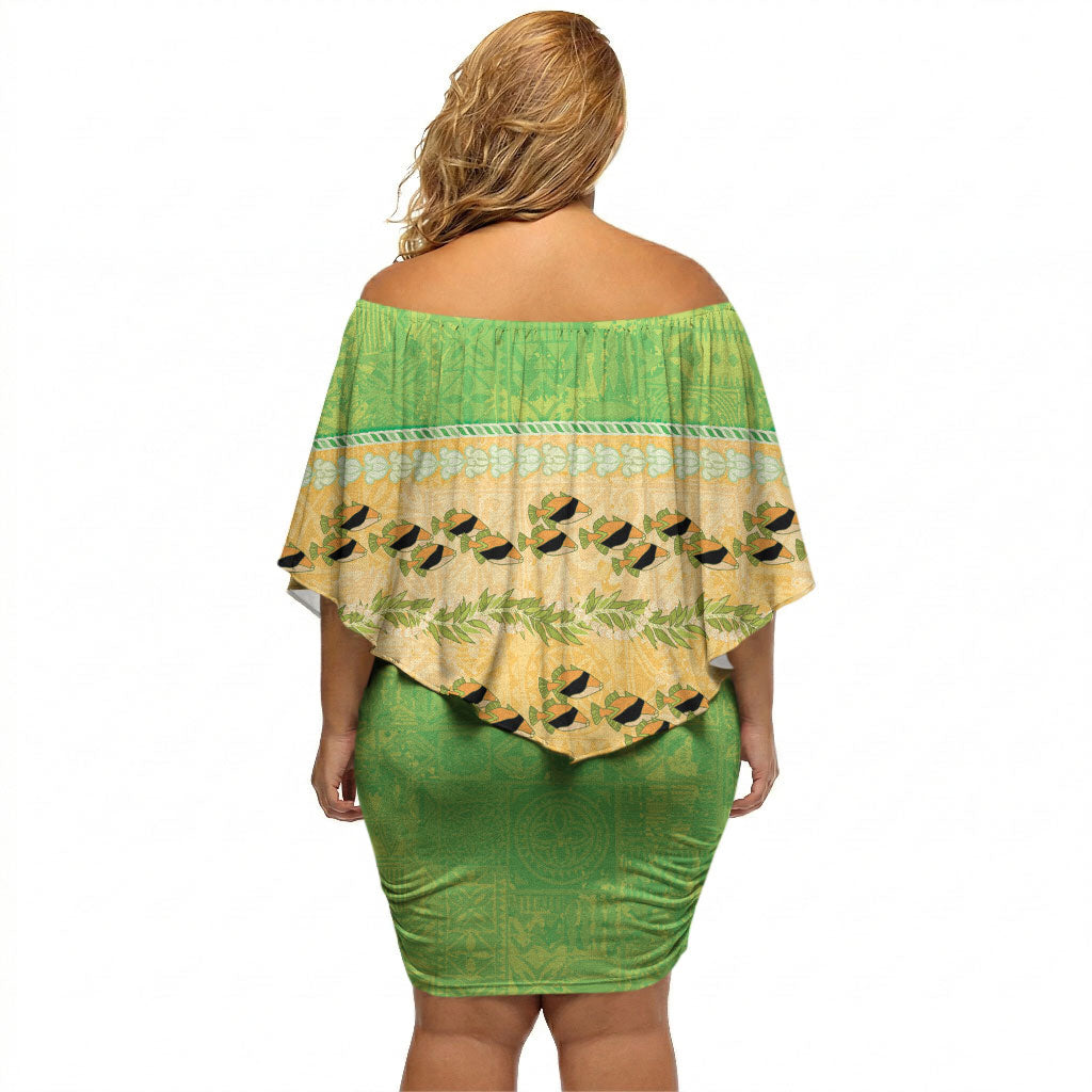 Hawaii Humuhumu Fish Maile Pikake Lei Off Shoulder Short Dress Tribal Tapa Green Version LT05 - Polynesian Pride