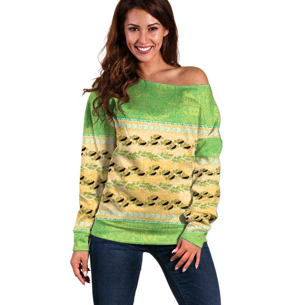Hawaii Humuhumu Fish Maile Pikake Lei Off Shoulder Sweater Tribal Tapa Green Version LT05 Women Green - Polynesian Pride