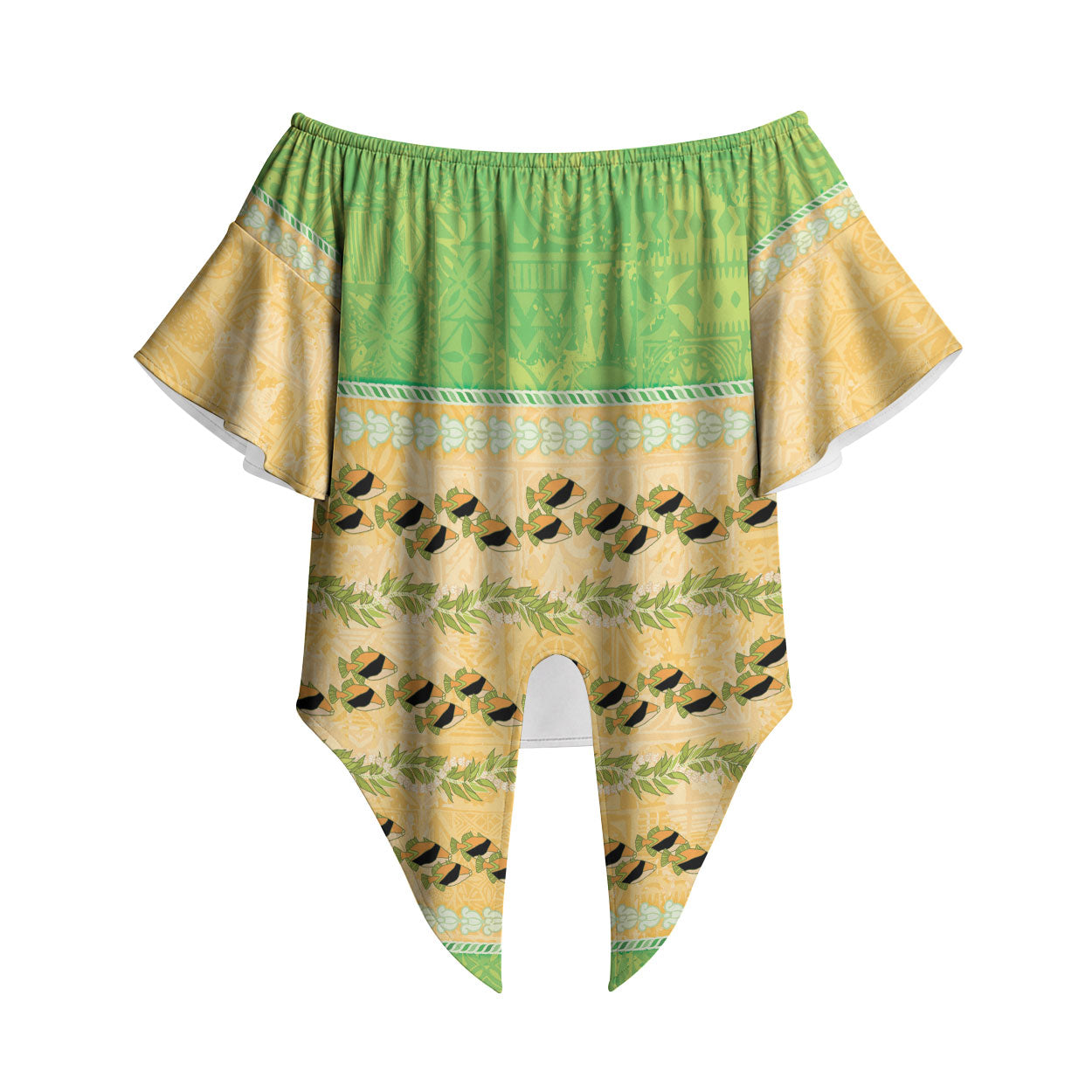 Hawaii Humuhumu Fish Maile Pikake Lei Off Shoulder Wrap Waist Top Tribal Tapa Green Version LT05 Green - Polynesian Pride