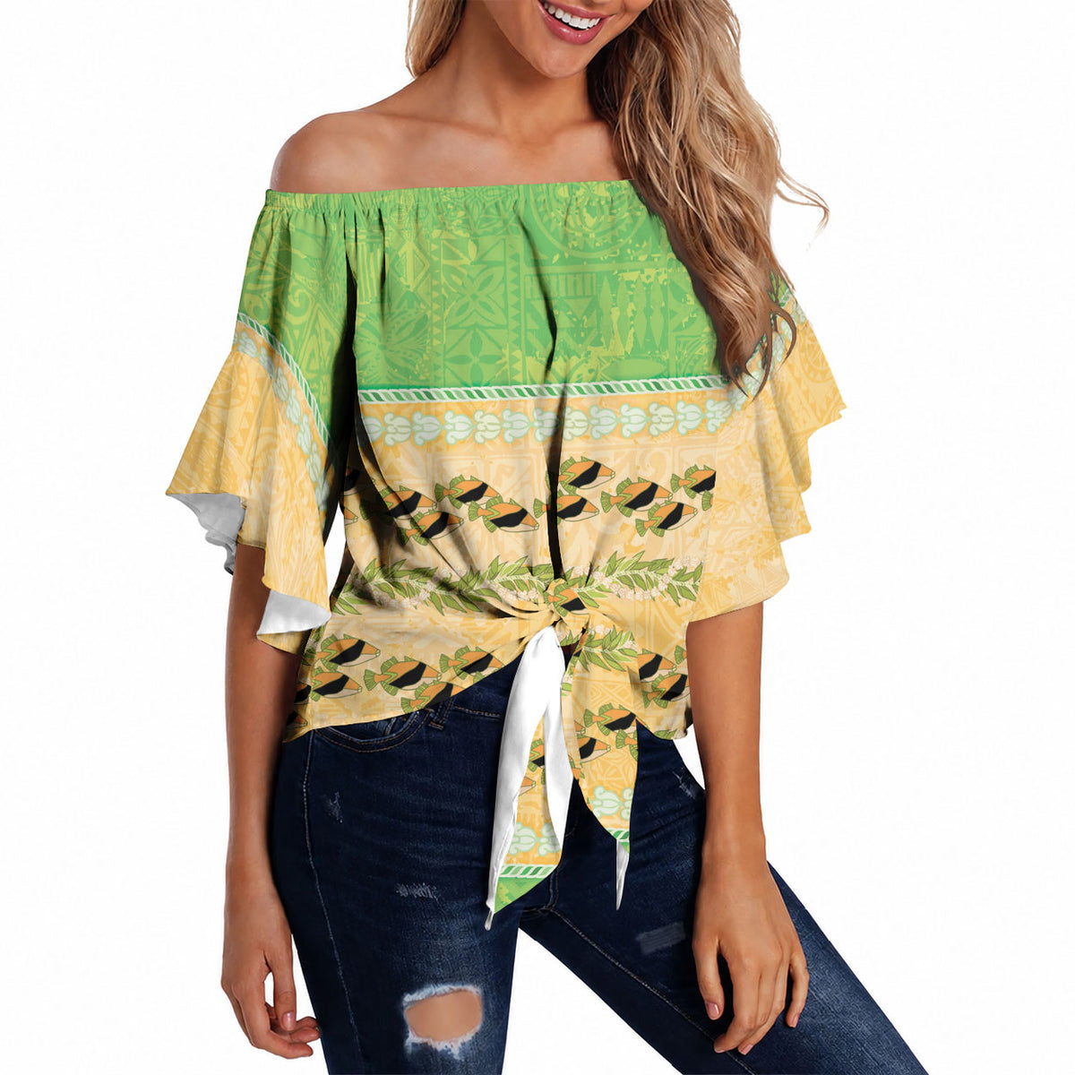 Hawaii Humuhumu Fish Maile Pikake Lei Off Shoulder Wrap Waist Top Tribal Tapa Green Version LT05 - Polynesian Pride