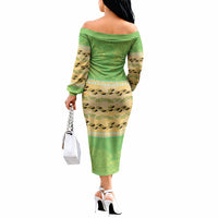 Hawaii Humuhumu Fish Maile Pikake Lei Off The Shoulder Long Sleeve Dress Tribal Tapa Green Version LT05 - Polynesian Pride