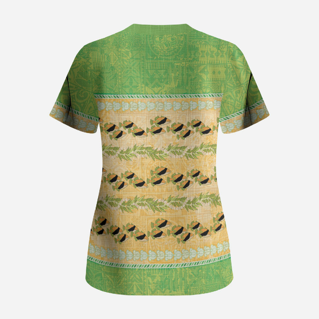 Hawaii Humuhumu Fish Maile Pikake Lei Scrub Top Tribal Tapa Green Version LT05 - Polynesian Pride