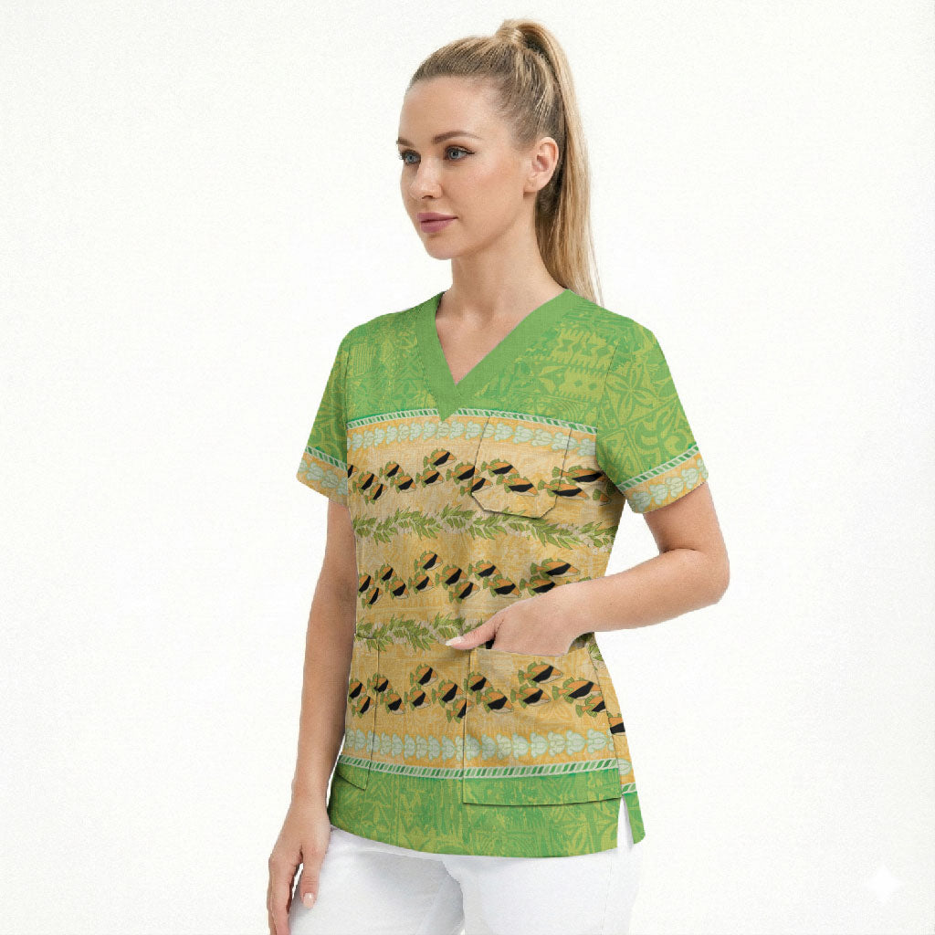 Hawaii Humuhumu Fish Maile Pikake Lei Scrub Top Tribal Tapa Green Version LT05 - Polynesian Pride