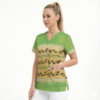 Hawaii Humuhumu Fish Maile Pikake Lei Scrub Top Tribal Tapa Green Version LT05 - Polynesian Pride