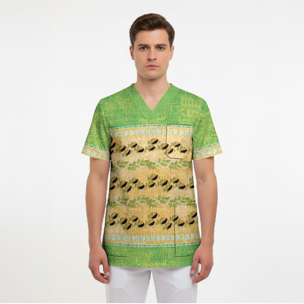 Hawaii Humuhumu Fish Maile Pikake Lei Scrub Top Tribal Tapa Green Version LT05 - Polynesian Pride