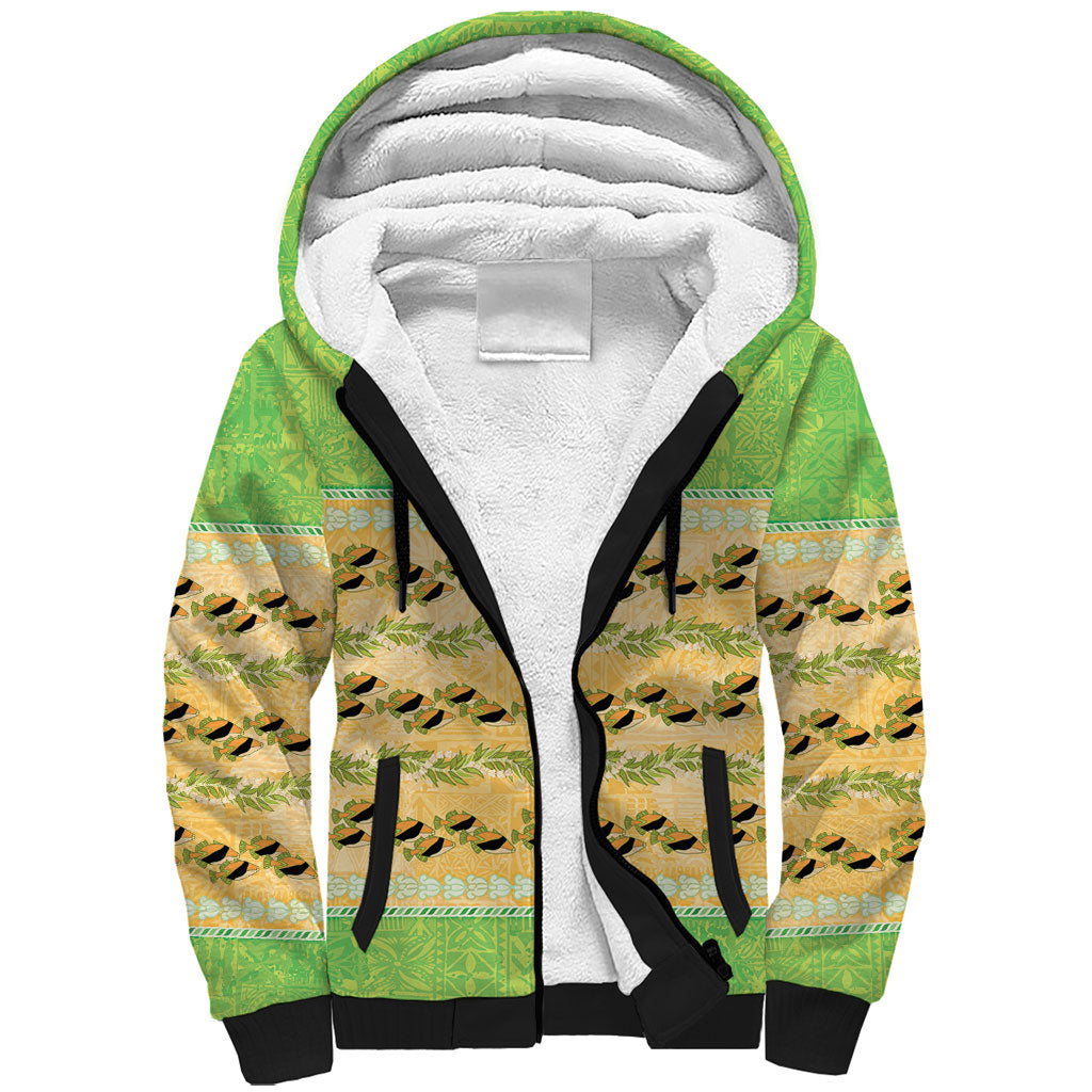 Hawaii Humuhumu Fish Maile Pikake Lei Sherpa Hoodie Tribal Tapa Green Version LT05 Unisex Green - Polynesian Pride