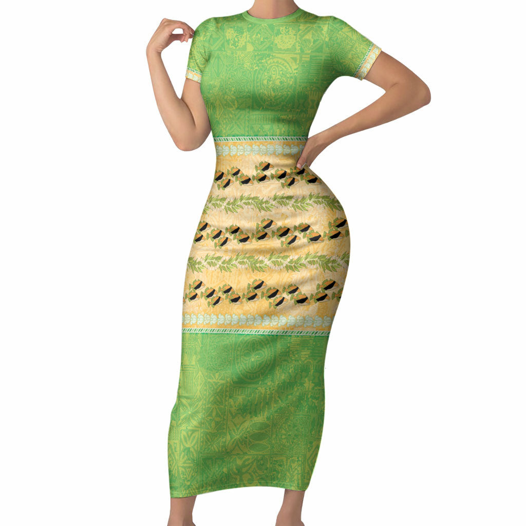 Hawaii Humuhumu Fish Maile Pikake Lei Short Sleeve Bodycon Dress Tribal Tapa Green Version LT05 Long Dress Green - Polynesian Pride