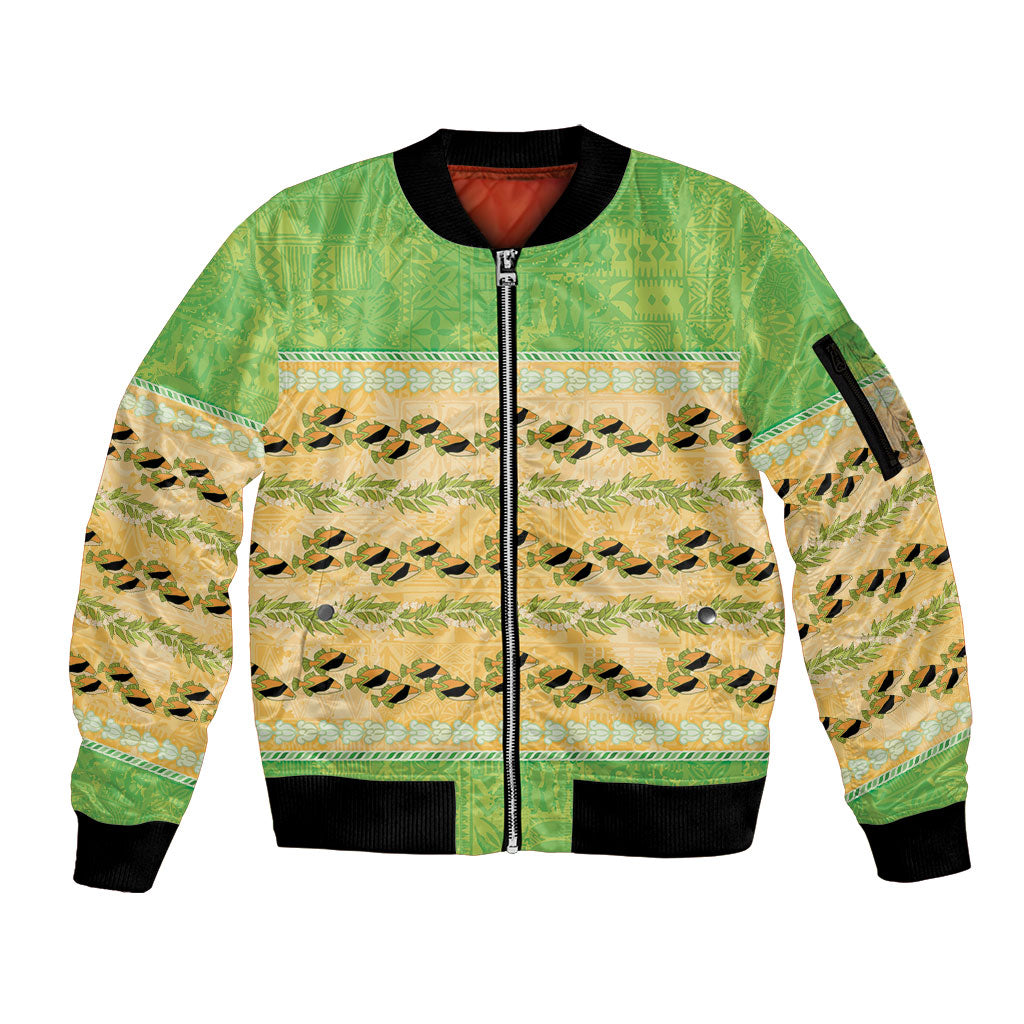 Hawaii Humuhumu Fish Maile Pikake Lei Sleeve Zip Bomber Jacket Tribal Tapa Green Version LT05 Unisex Green - Polynesian Pride