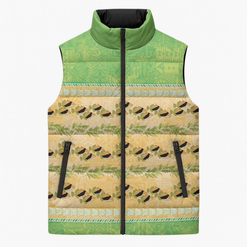 Hawaii Humuhumu Fish Maile Pikake Lei Sleeveless Puffer Jacket Tribal Tapa Green Version LT05 Unisex Green - Polynesian Pride