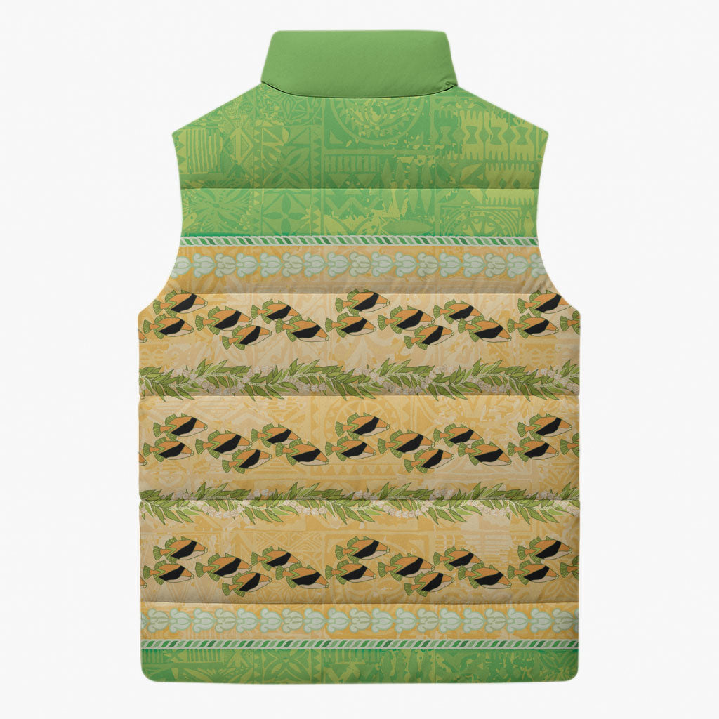 Hawaii Humuhumu Fish Maile Pikake Lei Sleeveless Puffer Jacket Tribal Tapa Green Version LT05 - Polynesian Pride