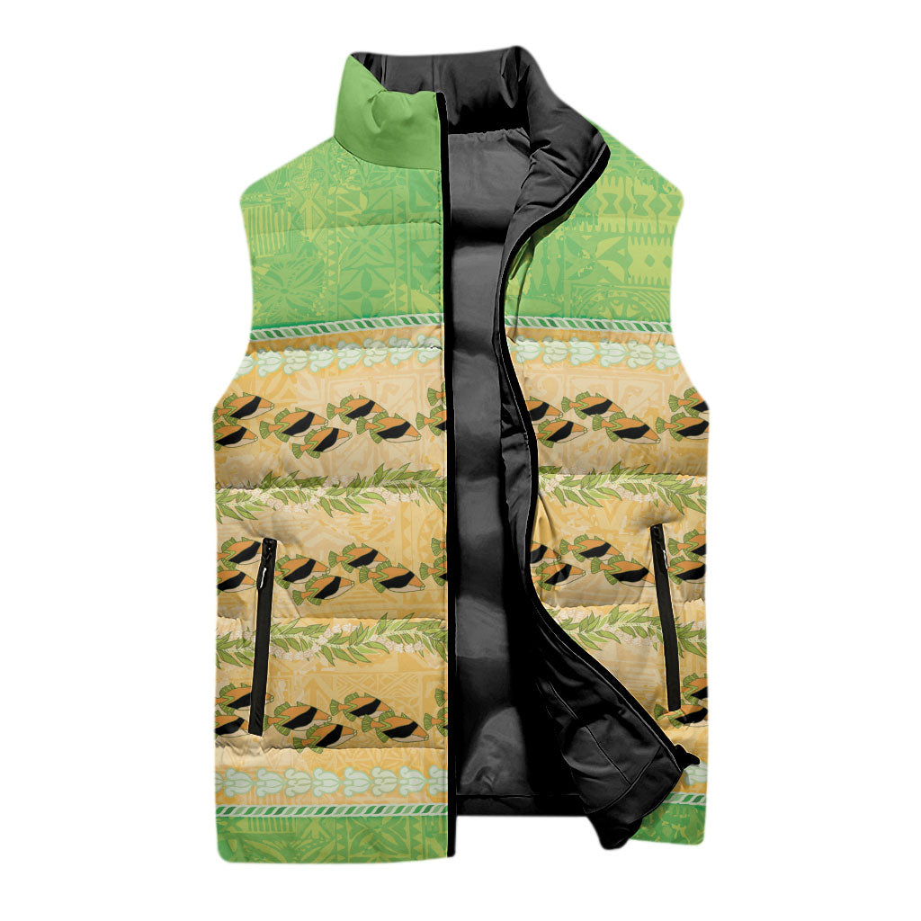 Hawaii Humuhumu Fish Maile Pikake Lei Sleeveless Puffer Jacket Tribal Tapa Green Version LT05 - Polynesian Pride