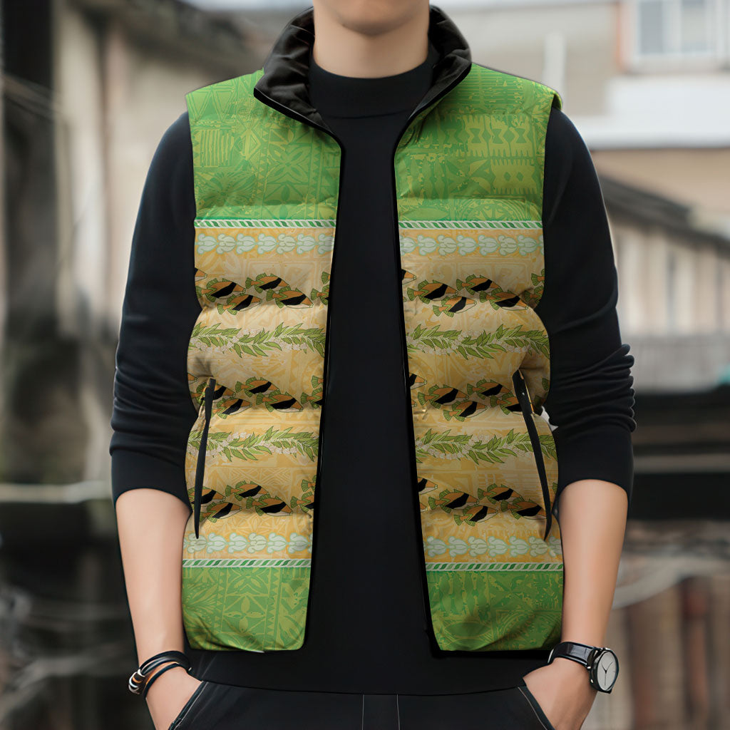Hawaii Humuhumu Fish Maile Pikake Lei Sleeveless Puffer Jacket Tribal Tapa Green Version LT05 - Polynesian Pride