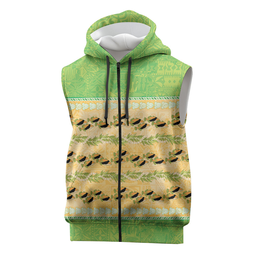 Hawaii Humuhumu Fish Maile Pikake Lei Sleeveless Zip Hoodie Tribal Tapa Green Version LT05 Green - Polynesian Pride