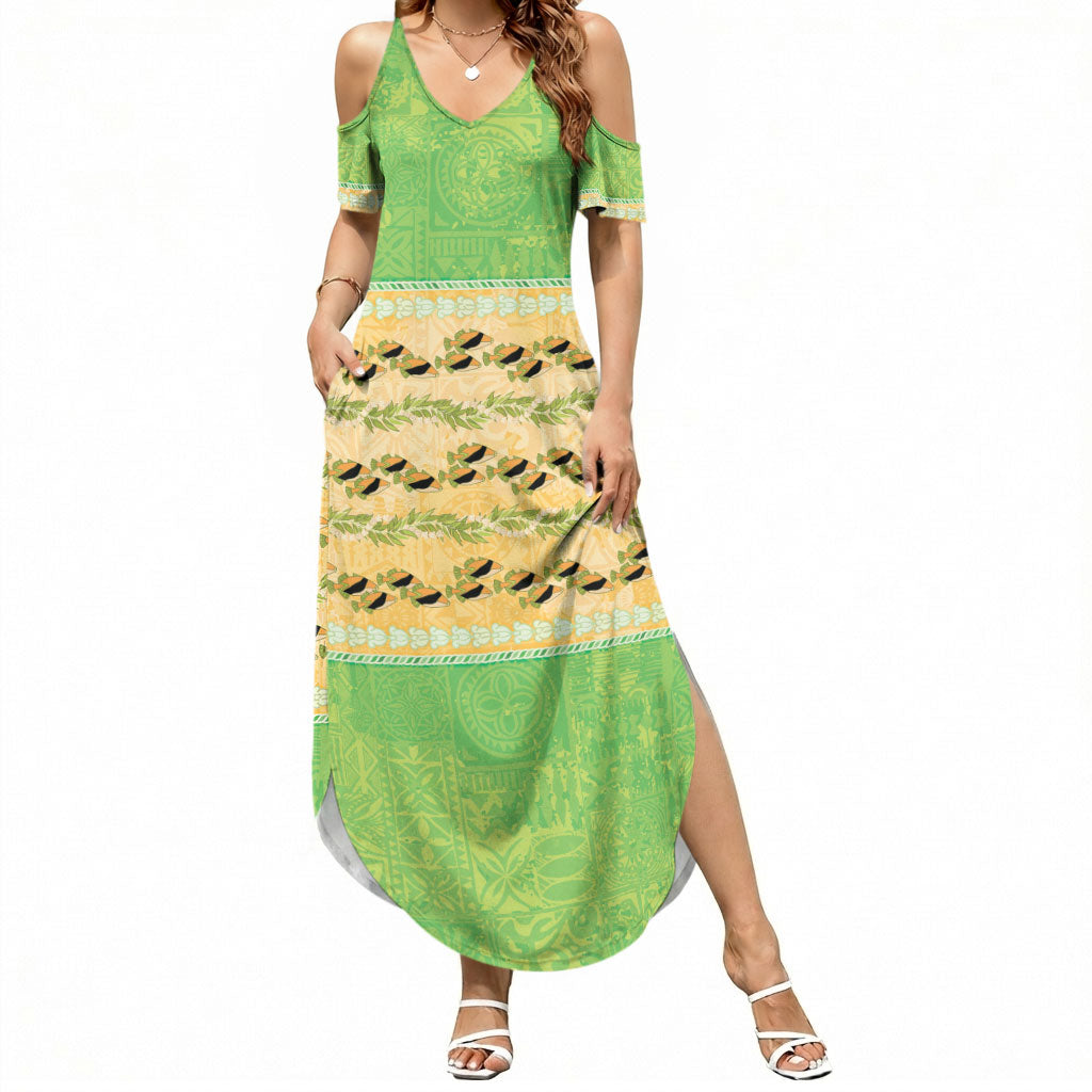 Hawaii Humuhumu Fish Maile Pikake Lei Summer Maxi Dress Tribal Tapa Green Version LT05 Women Green - Polynesian Pride