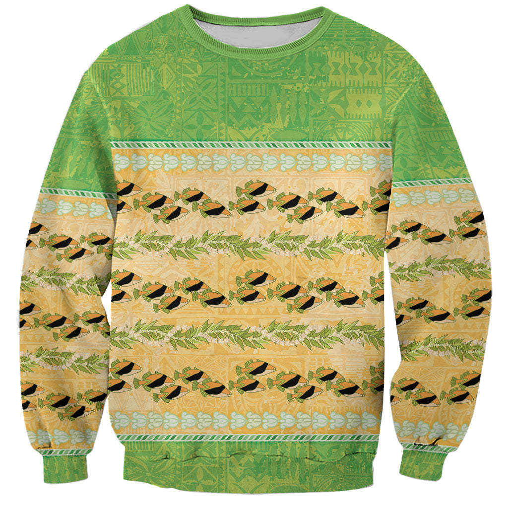 Hawaii Humuhumu Fish Maile Pikake Lei Sweatshirt Tribal Tapa Green Version LT05 Unisex Green - Polynesian Pride