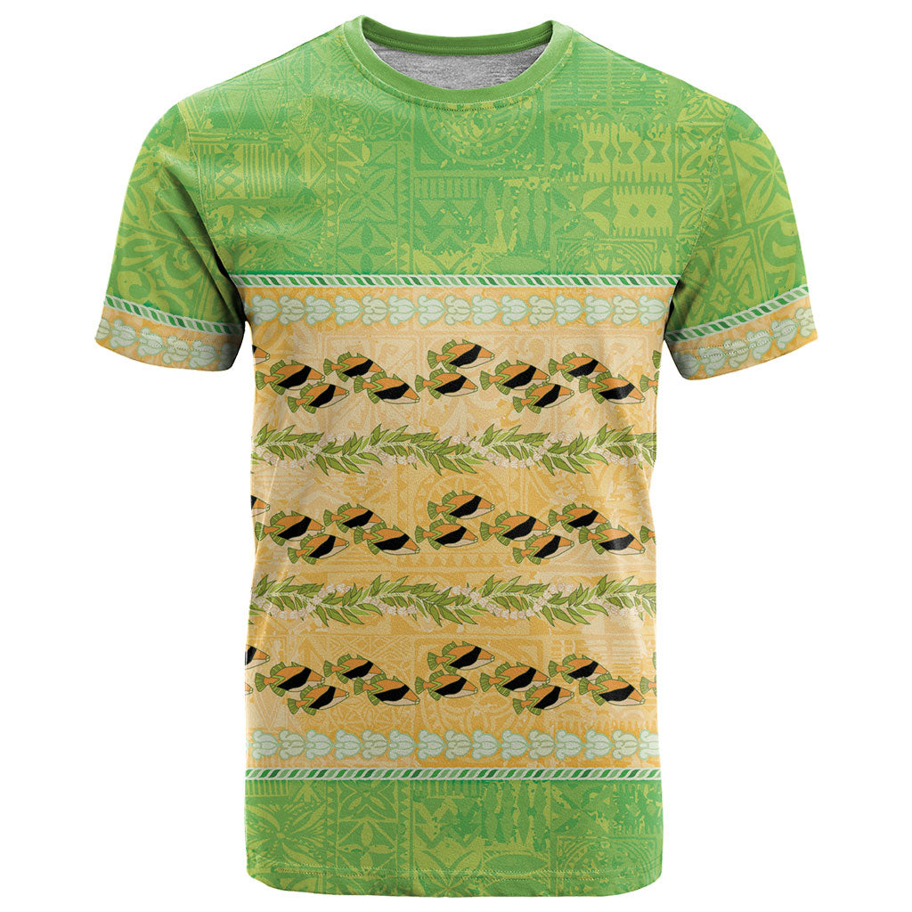 Hawaii Humuhumu Fish Maile Pikake Lei T Shirt Tribal Tapa Green Version LT05 Green - Polynesian Pride