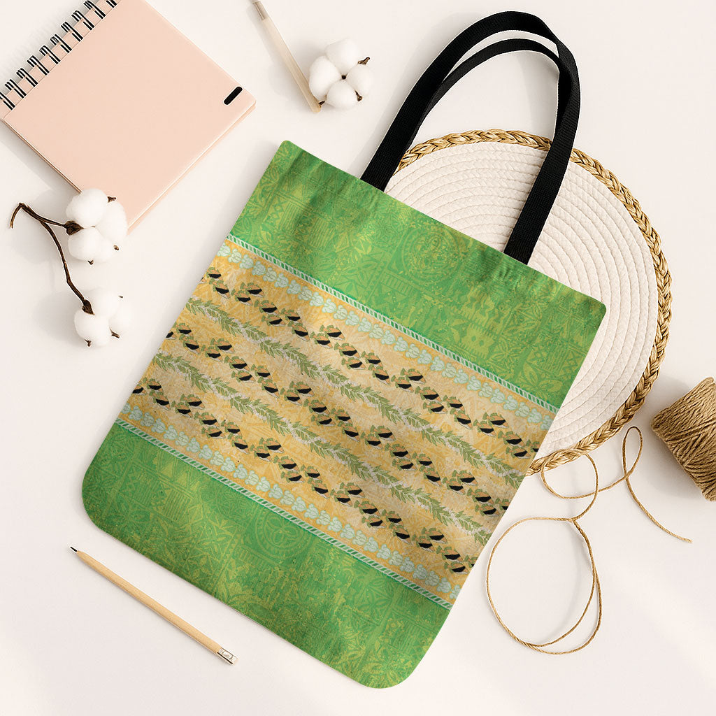 Hawaii Humuhumu Fish Maile Pikake Lei Tote Bag Tribal Tapa Green Version LT05 Black Strap One Size Green - Polynesian Pride