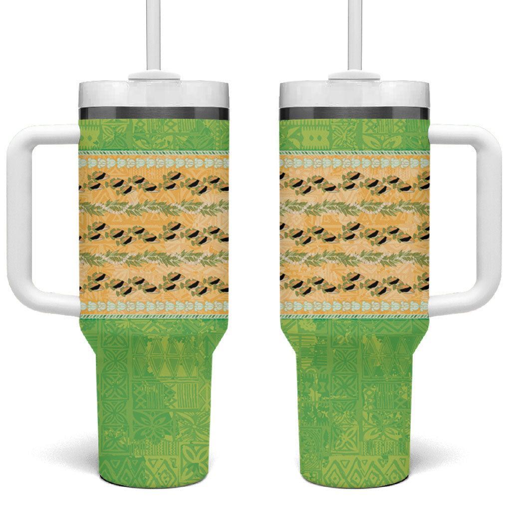 Hawaii Humuhumu Fish Maile Pikake Lei Tumbler With Handle Tribal Tapa Green Version LT05 One Size: 40 oz Green - Polynesian Pride
