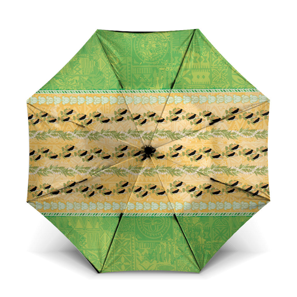 Hawaii Humuhumu Fish Maile Pikake Lei Umbrella Tribal Tapa Green Version LT05 One Size Folded 11.42 inch Opened Diameter 37.4 inch Green - Polynesian Pride