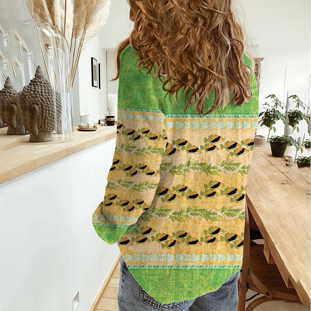 Hawaii Humuhumu Fish Maile Pikake Lei Women Casual Shirt Tribal Tapa Green Version LT05 - Polynesian Pride