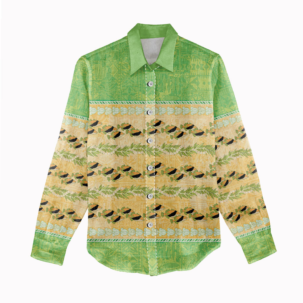 Hawaii Humuhumu Fish Maile Pikake Lei Women Casual Shirt Tribal Tapa Green Version LT05 - Polynesian Pride