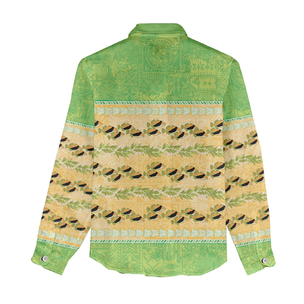 Hawaii Humuhumu Fish Maile Pikake Lei Women Casual Shirt Tribal Tapa Green Version LT05 - Polynesian Pride