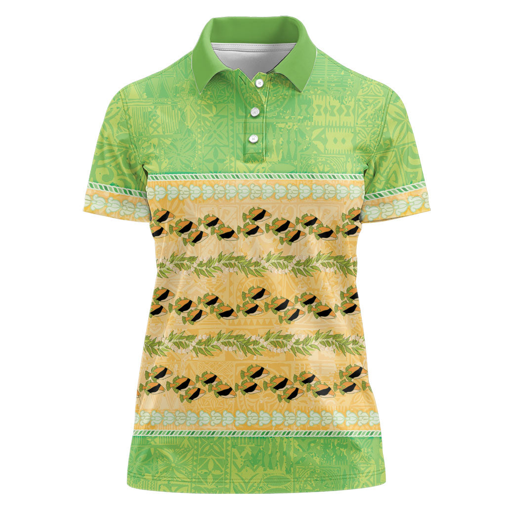 Hawaii Humuhumu Fish Maile Pikake Lei Women Polo Shirt Tribal Tapa Green Version LT05 Female Green - Polynesian Pride