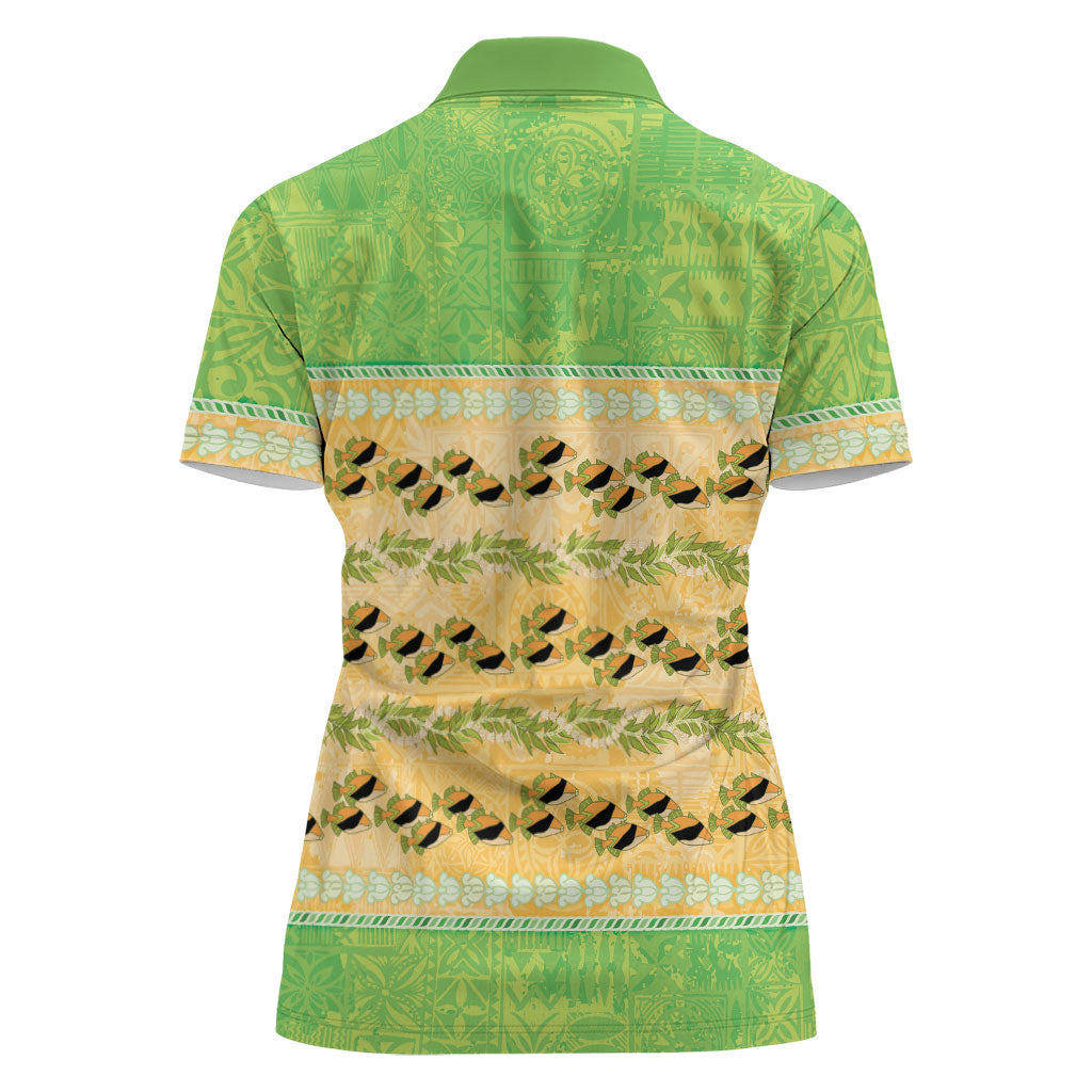 Hawaii Humuhumu Fish Maile Pikake Lei Women Polo Shirt Tribal Tapa Green Version LT05 - Polynesian Pride