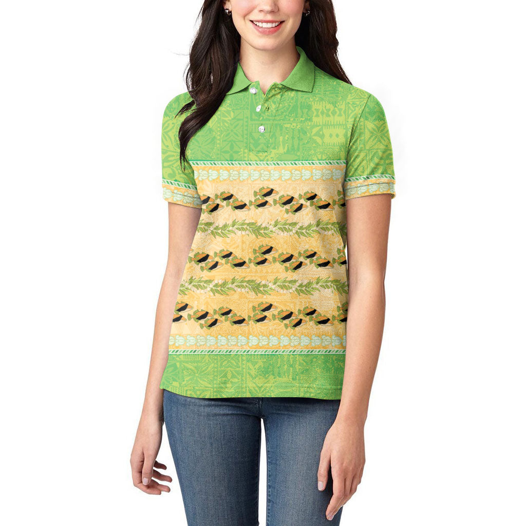 Hawaii Humuhumu Fish Maile Pikake Lei Women Polo Shirt Tribal Tapa Green Version LT05 - Polynesian Pride