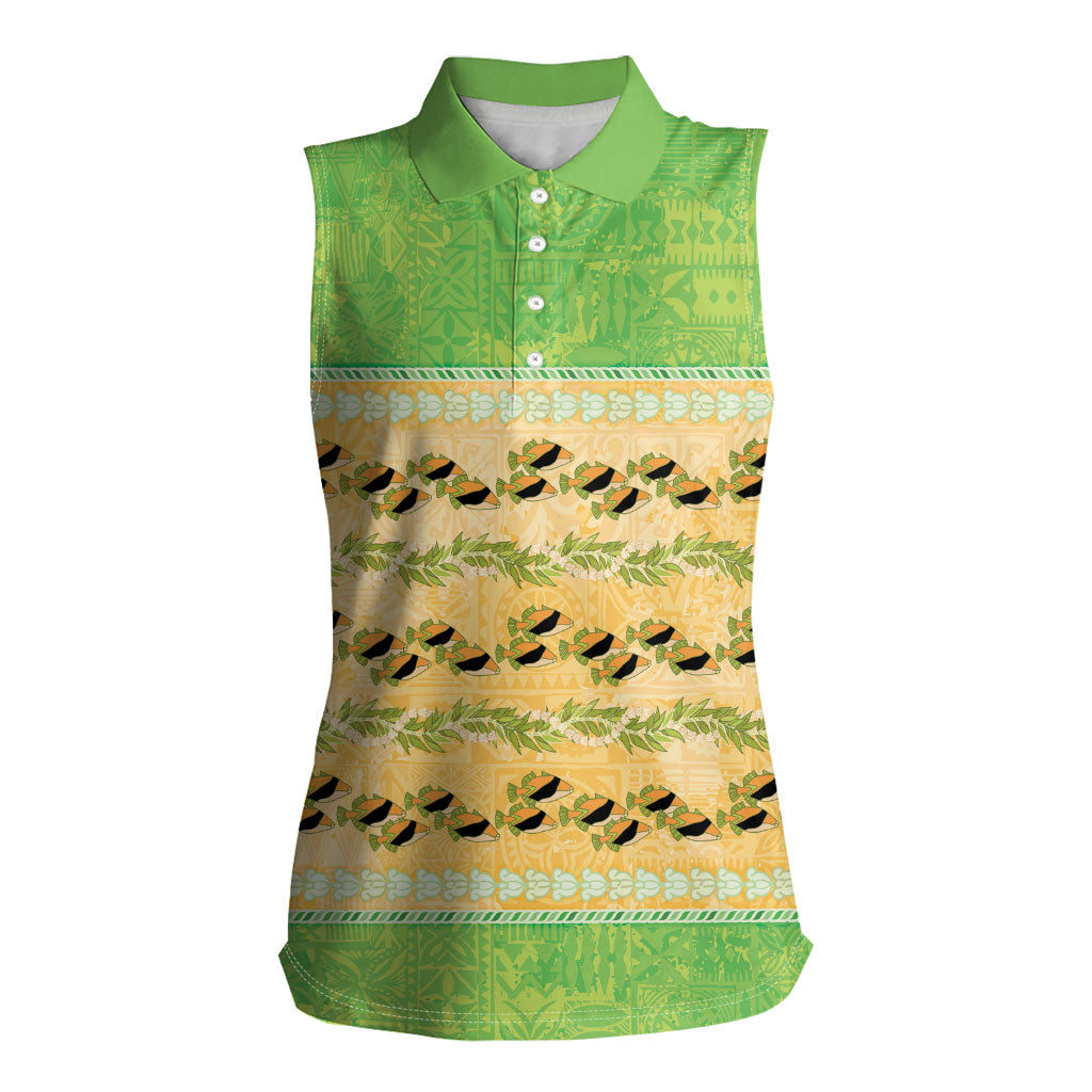 Hawaii Humuhumu Fish Maile Pikake Lei Women Sleeveless Polo Shirt Tribal Tapa Green Version LT05 Female Green - Polynesian Pride