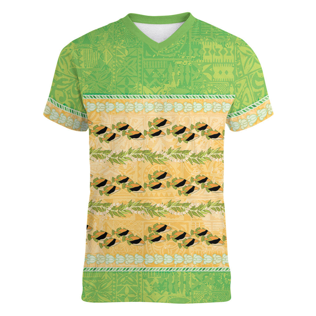 Hawaii Humuhumu Fish Maile Pikake Lei Women V-Neck T-Shirt Tribal Tapa Green Version LT05 Female Green - Polynesian Pride