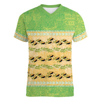 Hawaii Humuhumu Fish Maile Pikake Lei Women V-Neck T-Shirt Tribal Tapa Green Version LT05 Female Green - Polynesian Pride