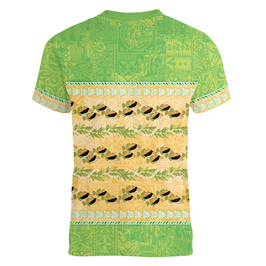 Hawaii Humuhumu Fish Maile Pikake Lei Women V-Neck T-Shirt Tribal Tapa Green Version LT05 - Polynesian Pride