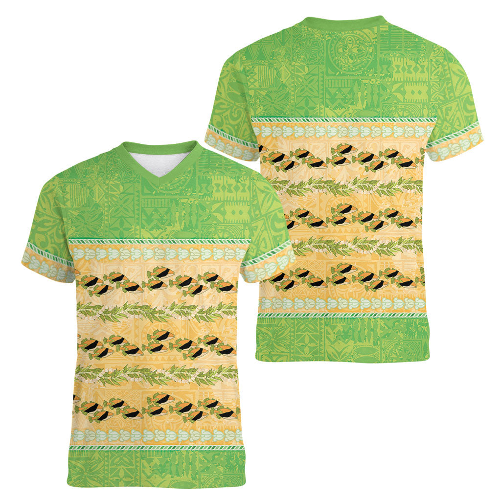 Hawaii Humuhumu Fish Maile Pikake Lei Women V-Neck T-Shirt Tribal Tapa Green Version LT05 - Polynesian Pride