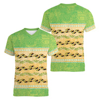 Hawaii Humuhumu Fish Maile Pikake Lei Women V-Neck T-Shirt Tribal Tapa Green Version LT05 - Polynesian Pride