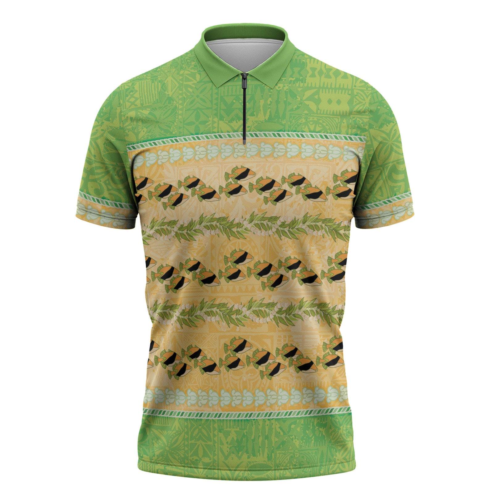 Hawaii Humuhumu Fish Maile Pikake Lei Zipper Polo Shirt Tribal Tapa Green Version LT05 Green - Polynesian Pride