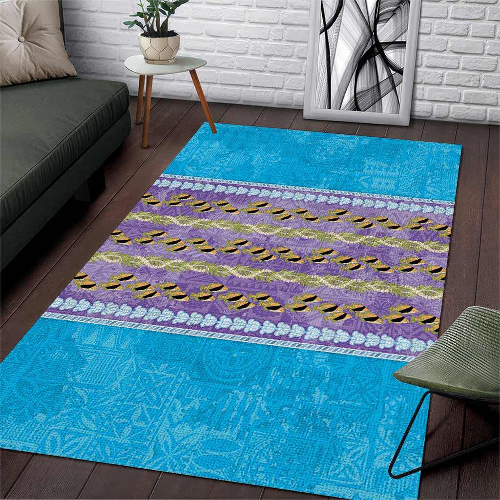 Hawaii Humuhumu Fish Maile Pikake Lei Area Rug Tribal Tapa Blue Version LT05 Blue - Polynesian Pride
